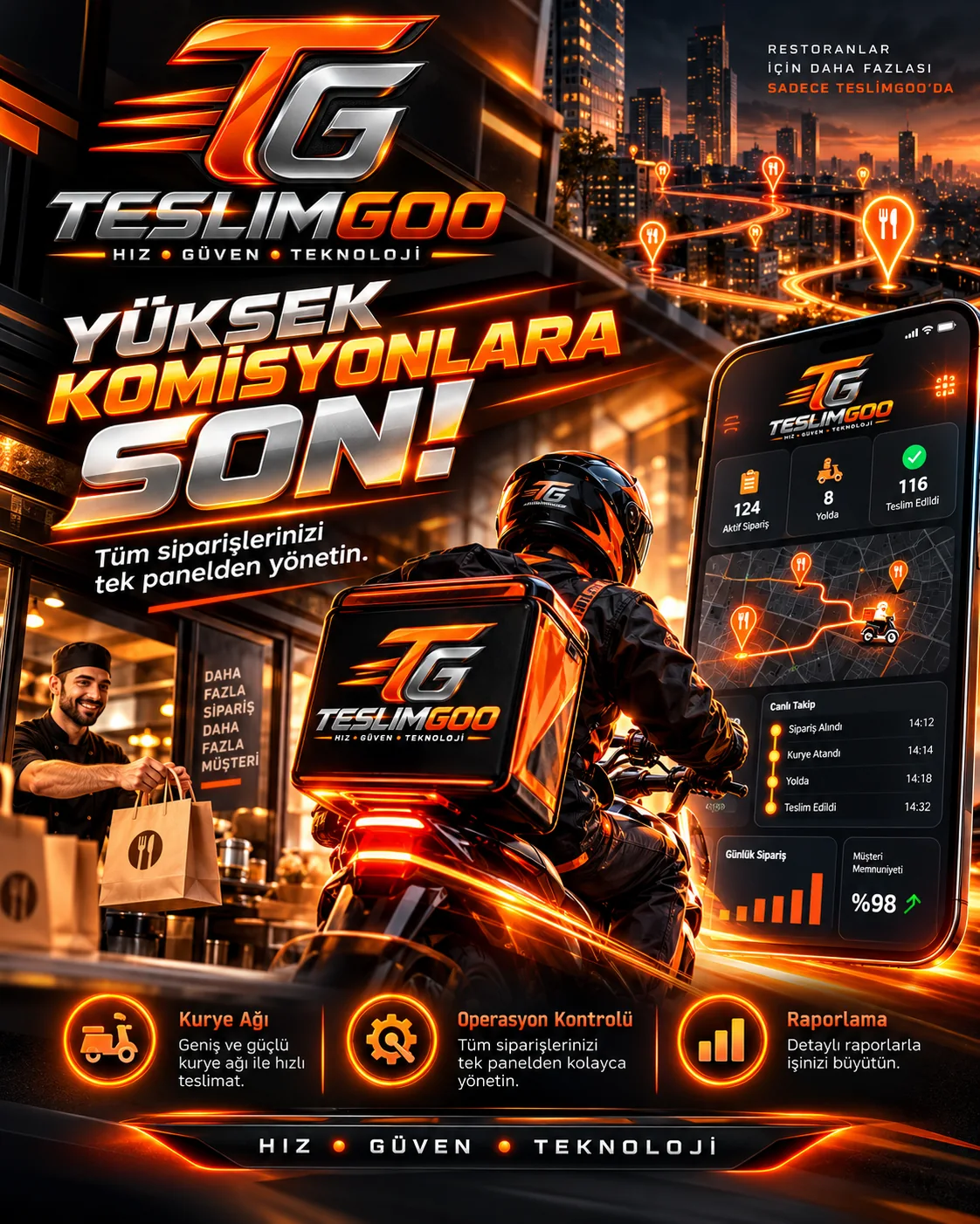 TeslimGOO yüksek komisyonlara son temalı kurye ve restoran tanıtım afişi